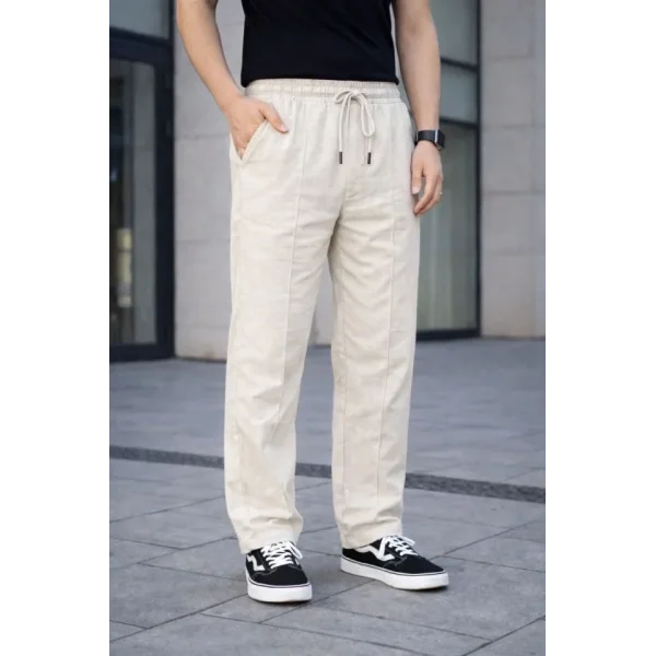 Erkek Keten Cepli Çıma Dikişli Jogger Buggy Pantalon Rahat Kalıp - Krem