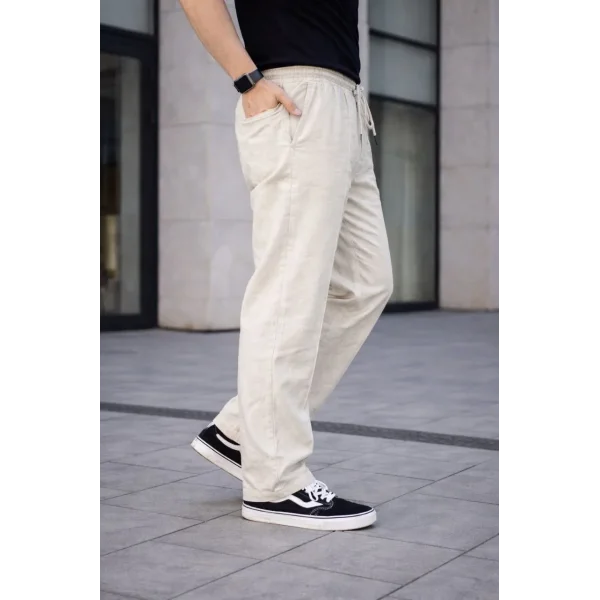 Erkek Keten Cepli Çıma Dikişli jogger Buggy Pantalon Rahat kalıp - Krem