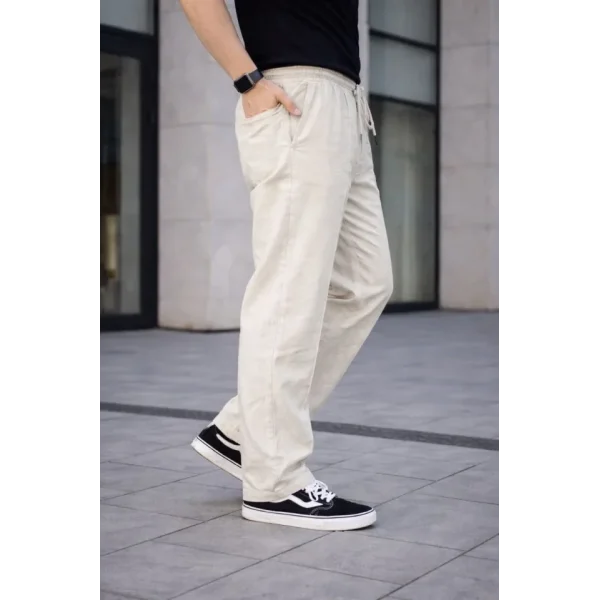 Erkek Keten Cepli Çıma Dikişli Jogger Buggy Pantalon Rahat Kalıp - Krem