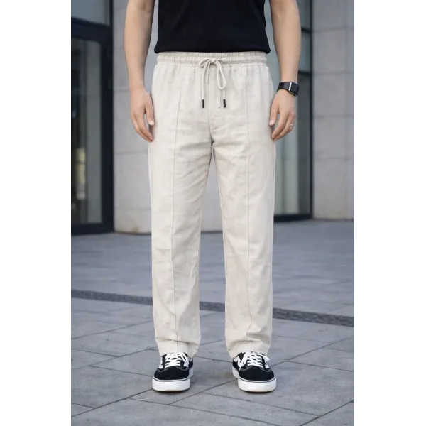 Erkek Keten Cepli Çıma Dikişli jogger Buggy Pantalon Rahat kalıp - Krem