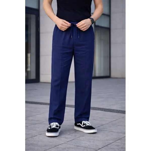 Erkek Keten Cepli Çıma Dikişli jogger Buggy Pantalon Rahat kalıp - Lacivert