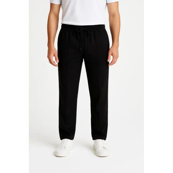 Erkek Keten Pantolon – Cepli, Beli Lastikli ve Bağcıklı, Nefes Alan Rahat Kalıp, Yazlık ve Baharlık Günlük Giyim, Şık & Konforlu Boru Paça Model - Siyah