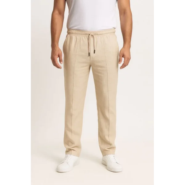 Erkek Keten Pantolon – Cepli, Beli Lastikli ve Bağcıklı, Nefes Alan Rahat Kalıp, Yazlık ve Baharlık Günlük Giyim, Şık & Konforlu Boru Paça Model - Bej