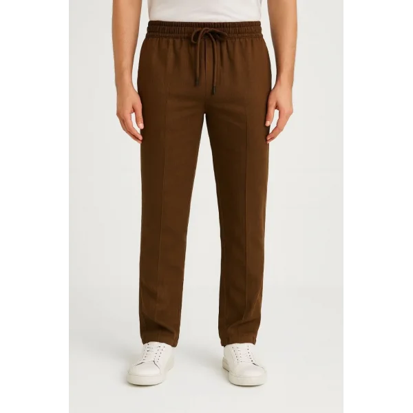 Erkek Keten Pantolon – Cepli, Beli Lastikli ve Bağcıklı, Nefes Alan Rahat Kalıp, Yazlık ve Baharlık Günlük Giyim, Şık & Konforlu Boru Paça Model - Kahverengi