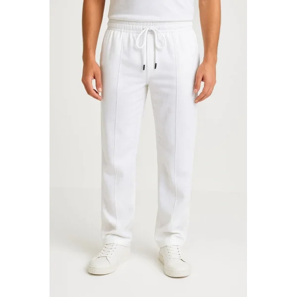 Erkek Keten Pantolon – Cepli, Beli Lastikli ve Bağcıklı, Nefes Alan Rahat Kalıp, Yazlık ve Baharlık Günlük Giyim, Şık & Konforlu Boru Paça Model - Beyaz