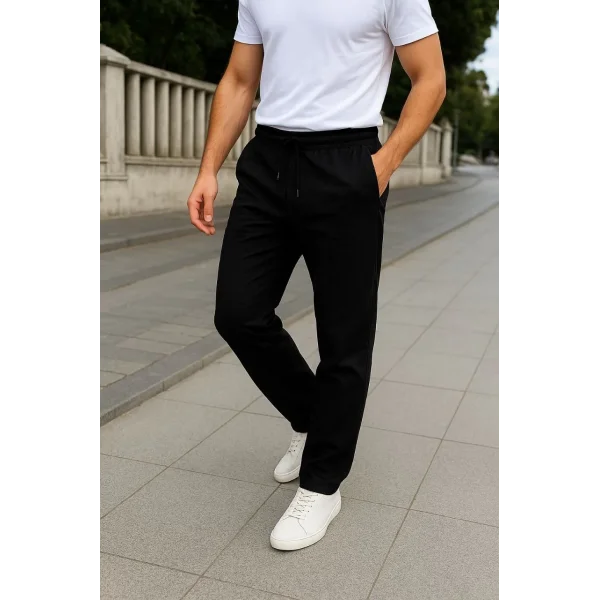 Erkek Keten Pantolon – Cepli, Beli Lastikli ve Bağcıklı, Nefes Alan Rahat Kalıp, Yazlık ve Baharlık Günlük Giyim, Şık & Konforlu Boru Paça Model - Siyah