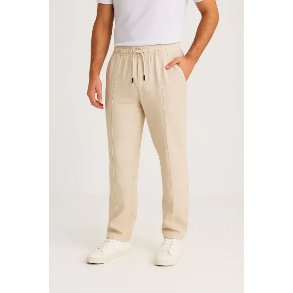 Erkek Keten Pantolon – Cepli, Beli Lastikli ve Bağcıklı, Nefes Alan Rahat Kalıp, Yazlık ve Baharlık Günlük Giyim, Şık & Konforlu Boru Paça Model - Bej