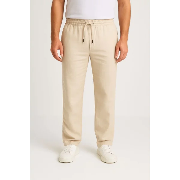 Erkek Keten Pantolon – Cepli, Beli Lastikli ve Bağcıklı, Nefes Alan Rahat Kalıp, Yazlık ve Baharlık Günlük Giyim, Şık & Konforlu Boru Paça Model - Bej