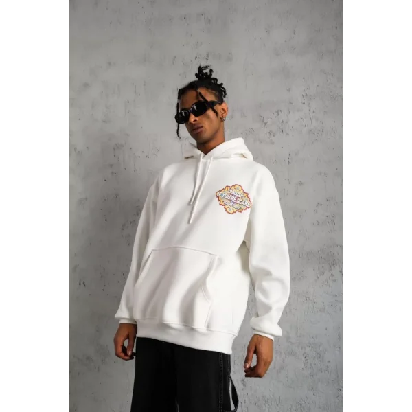 Erkek Kilim Desen Kapüşonlu Sweat- Beyaz