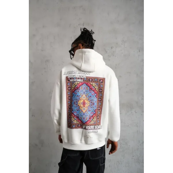 Erkek Kilim Desen Kapüşonlu Sweat- Beyaz