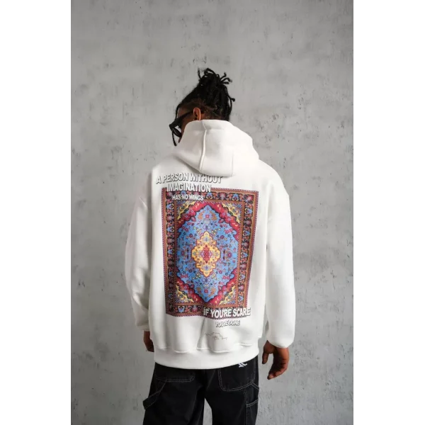 Erkek Kilim Desen Kapüşonlu Sweat- Beyaz
