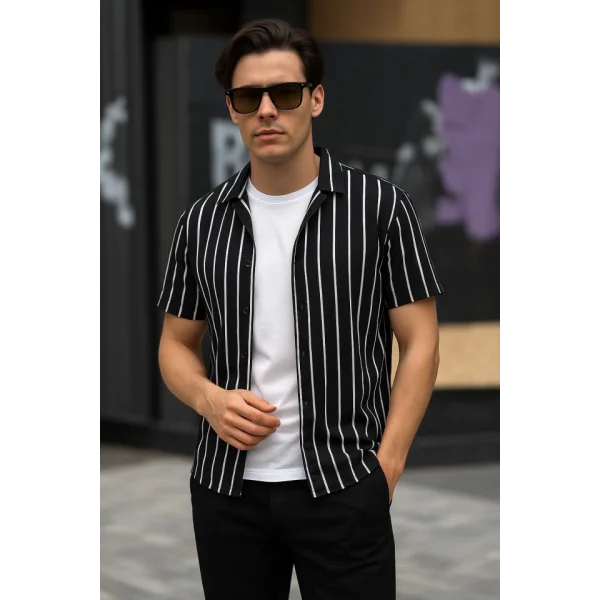 Erkek Kısa Kollu Beyaz çizgi Desenli örme Kumaş Pamuklu Gömlek