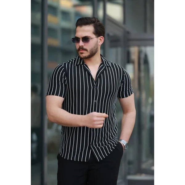 Erkek Kısa Kollu Beyaz çizgi Desenli örme Kumaş Pamuklu Gömlek