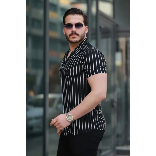 Erkek Kısa Kollu Beyaz çizgi Desenli örme Kumaş Pamuklu Gömlek