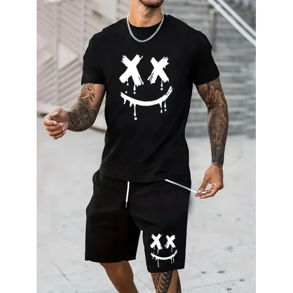 Erkek Kısa Kollu Bisiklet Yaka Baskılı Bluz Ipli Short Iki Iplik Takım