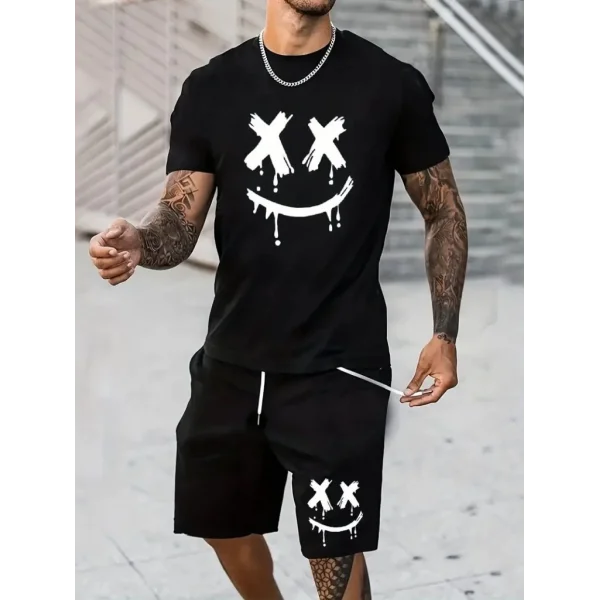 Erkek Kısa Kollu Bisiklet Yaka Baskılı Bluz Ipli Short Iki Iplik Takım