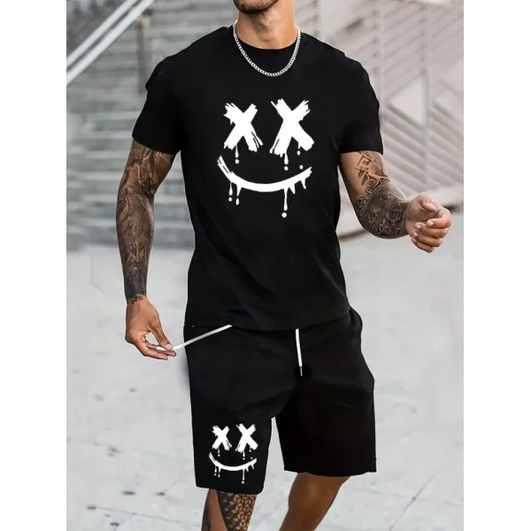Erkek Kısa Kollu Bisiklet Yaka Baskılı Bluz Ipli Short Iki Iplik Takım