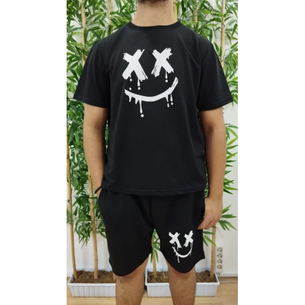 Erkek Kısa Kollu Bisiklet Yaka Baskılı Bluz Ipli Short Iki Iplik Takım