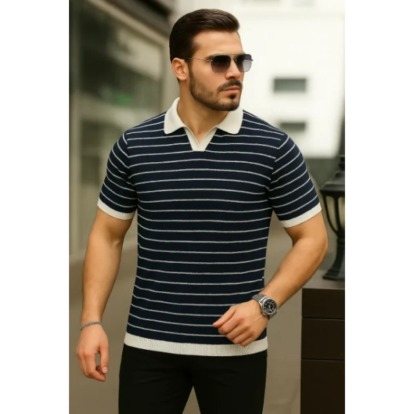 Erkek Kısa Kollu çizgi Desenli örme Kumaş Tshirt