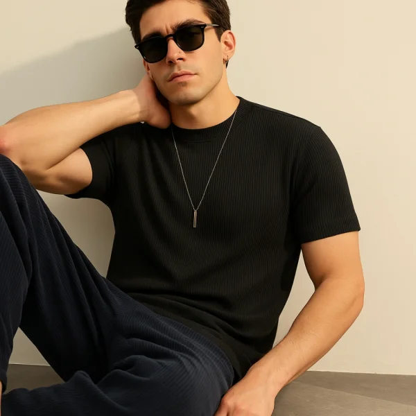 Erkek Kısa Kollu çizgi Kabartma Detaylı T-shirt