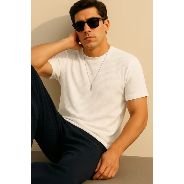Erkek Kısa Kollu çizgi Kabartma Detaylı T-shirt