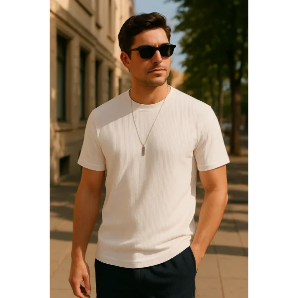 Erkek Kısa Kollu çizgi Kabartma Detaylı T-shirt