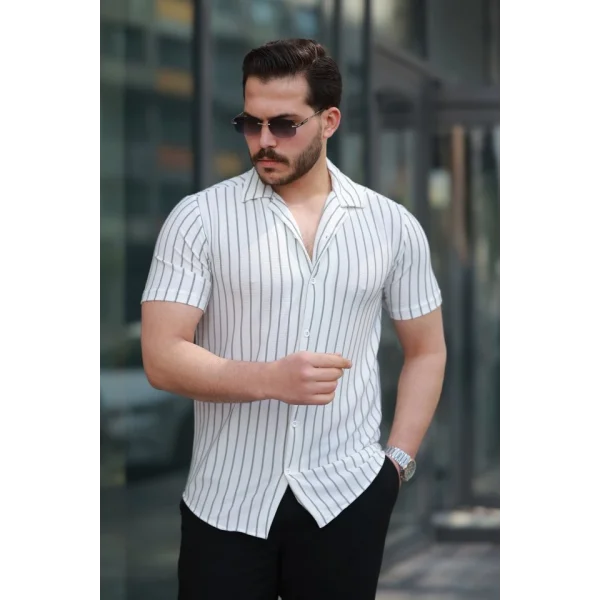 Erkek Kısa Kollu Gri çizgi Desenli örme Kumaş Pamuklu Gömlek