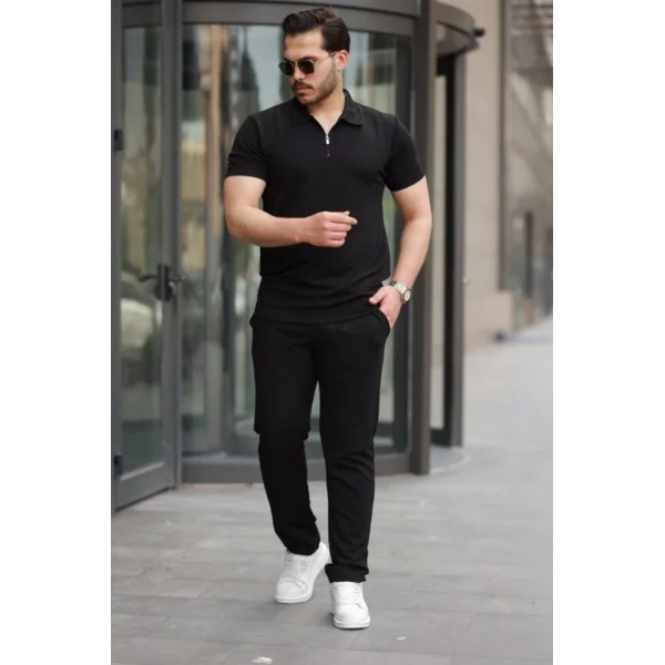 Erkek Kısa Kollu önden Fermuarlı Janjan Krep Bluz Ve Pantolon Ikili Takım
