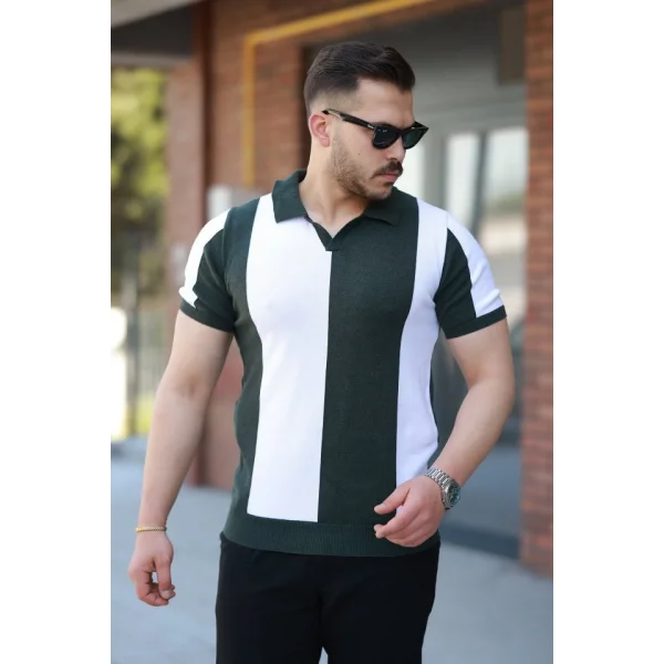 Erkek Kısa Kollu Polo Yakalı Blok Desenli Triko Bluz