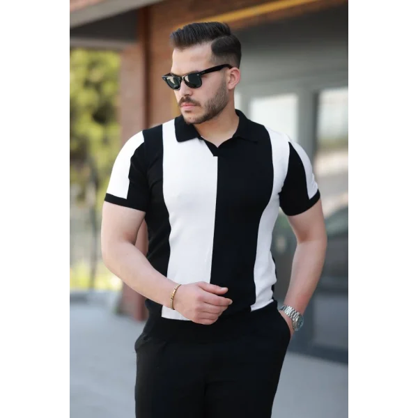 Erkek Kısa Kollu Polo Yakalı Blok Desenli Triko Bluz