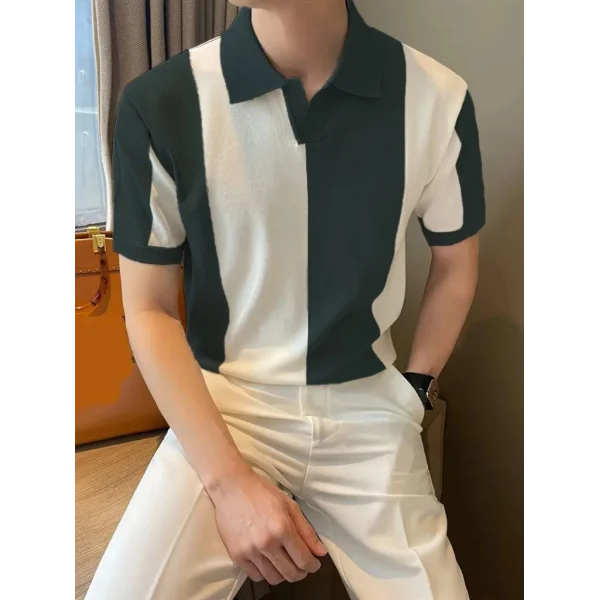 Erkek Kısa Kollu Polo Yakalı Blok Desenli Triko Bluz