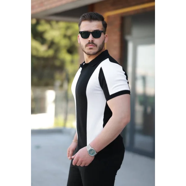 Erkek Kısa Kollu Polo Yakalı Blok Desenli Triko Bluz