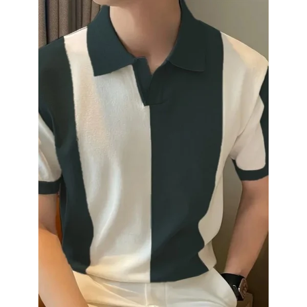 Erkek Kısa Kollu Polo Yakalı Blok Desenli Triko Bluz