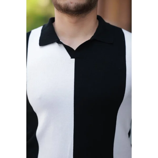 Erkek Kısa Kollu Polo Yakalı Blok Desenli Triko Bluz