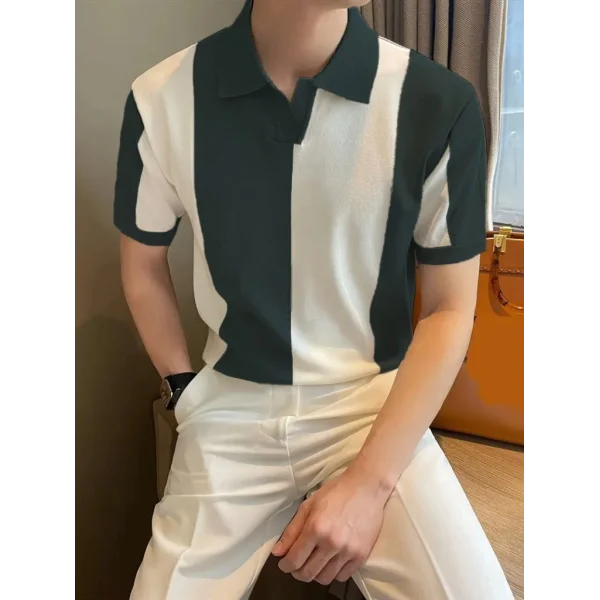 Erkek Kısa Kollu Polo Yakalı Blok Desenli Triko Bluz