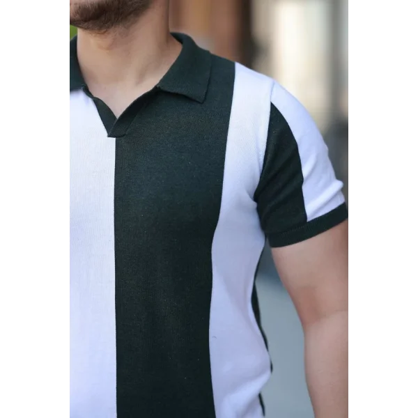 Erkek Kısa Kollu Polo Yakalı Blok Desenli Triko Bluz