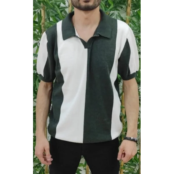 Erkek Kısa Kollu Polo Yakalı Blok Desenli Triko Bluz