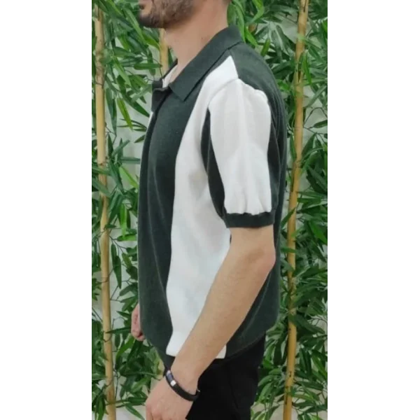 Erkek Kısa Kollu Polo Yakalı Blok Desenli Triko Bluz