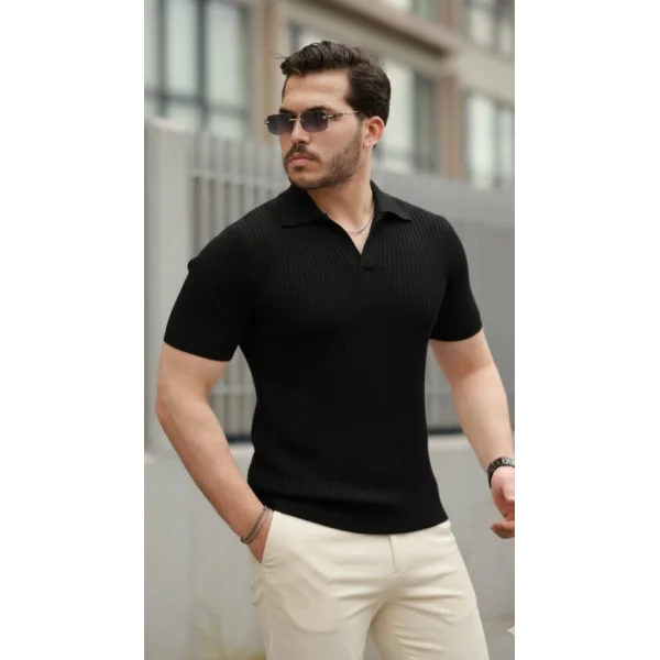 Erkek Kısa Kollu Yakalı çizgi Desenli Triko Bluz