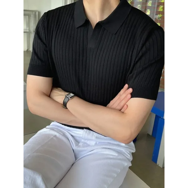 Erkek Kısa Kollu Yakalı çizgi Desenli Triko Bluz