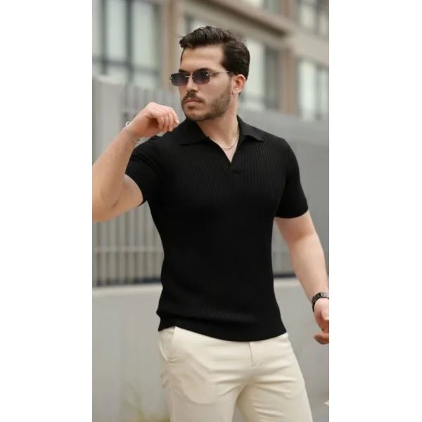 Erkek Kısa Kollu Yakalı çizgi Desenli Triko Bluz