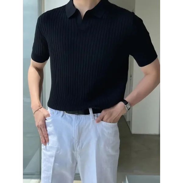 Erkek Kısa Kollu Yakalı çizgi Desenli Triko Bluz