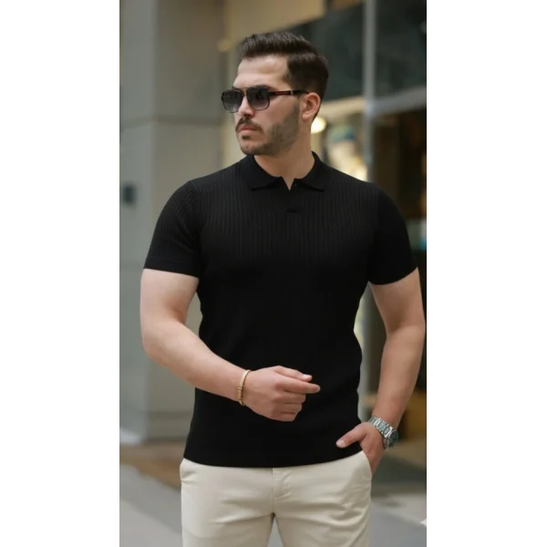 Erkek Kısa Kollu Yakalı çizgi Desenli Triko Bluz