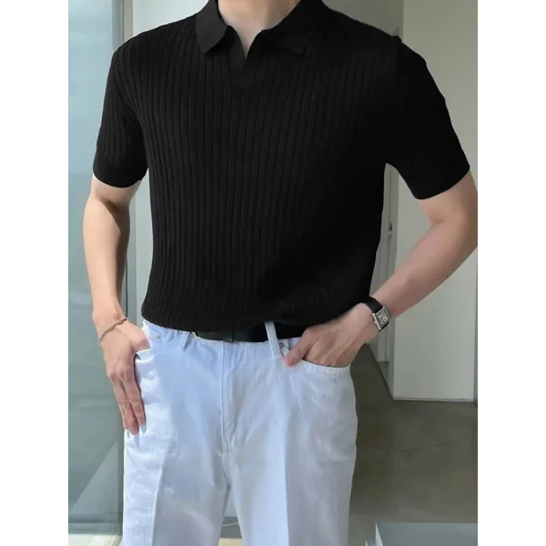 Erkek Kısa Kollu Yakalı çizgi Desenli Triko Bluz