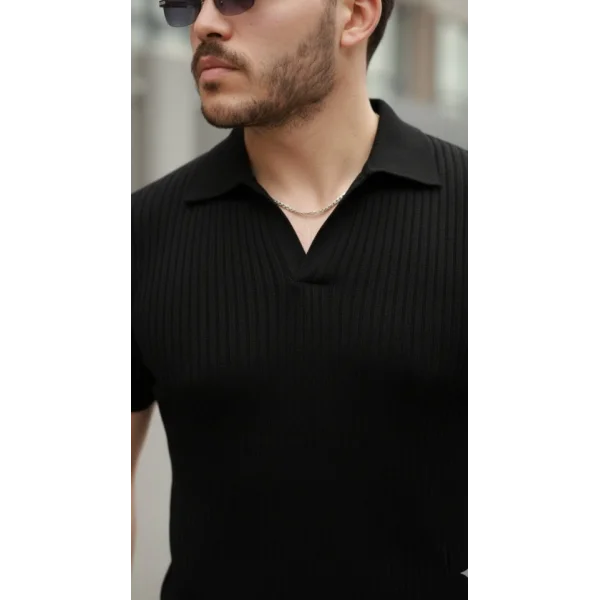 Erkek Kısa Kollu Yakalı çizgi Desenli Triko Bluz