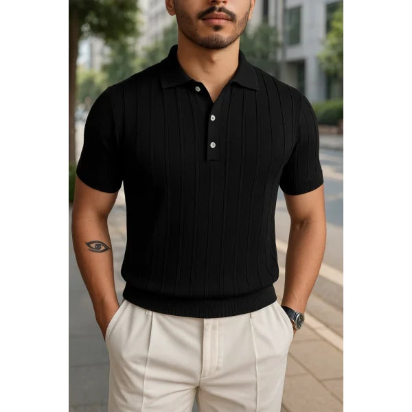 Erkek Kısa Kollu Yakalı önden Düğmeli Triko Bluz