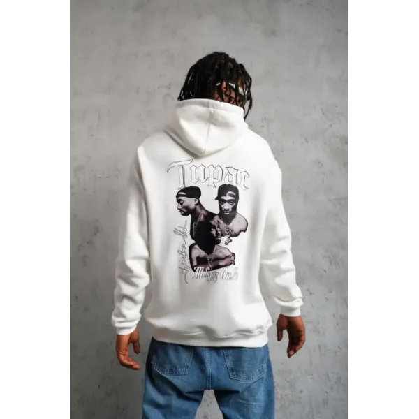 Erkek Kol Ve Etek Ribana Baskılı Kapüşonlu Sweat - Beyaz