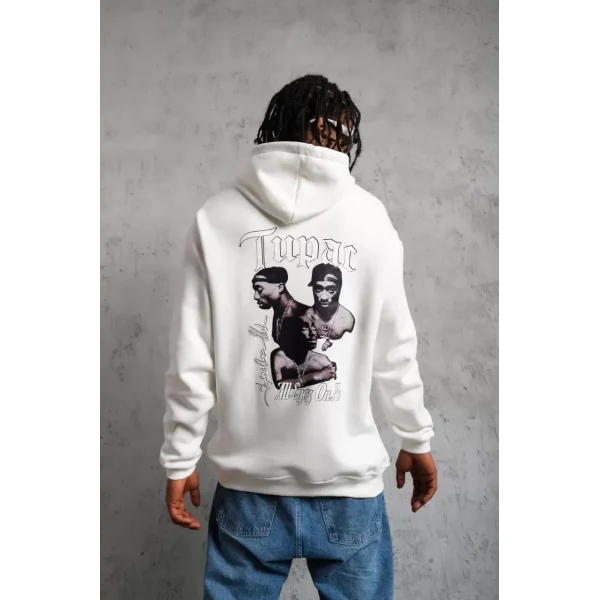 Erkek Kol ve Etek Ribana Baskılı Kapüşonlu Sweat - Beyaz