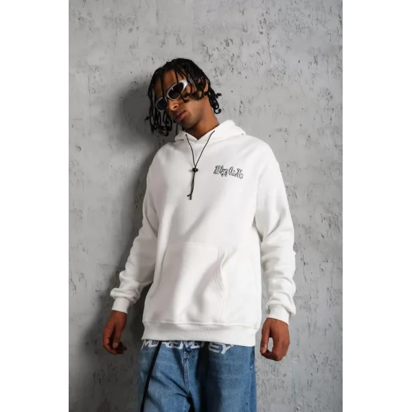 Erkek Kol ve Etek Ribana Baskılı Kapüşonlu Sweat - Beyaz