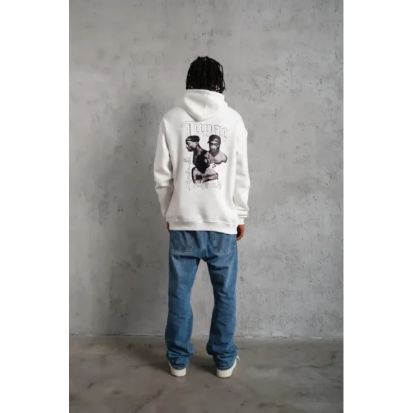 Erkek Kol Ve Etek Ribana Baskılı Kapüşonlu Sweat - Beyaz